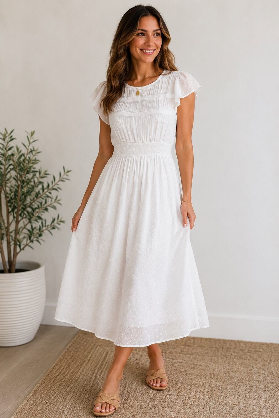 Gap White Swiss Dot Smocked Midi Dress Flutter Sleeve Boho Cottagecore Medium